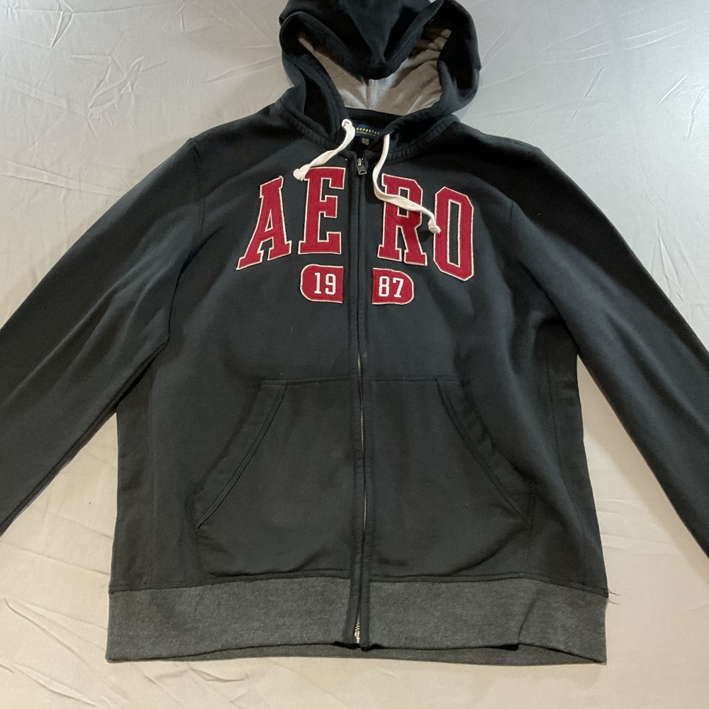 Aeropostale Men's Full Zip Hoodie XL Black AERO 1987 Graphic Fleece Jacket